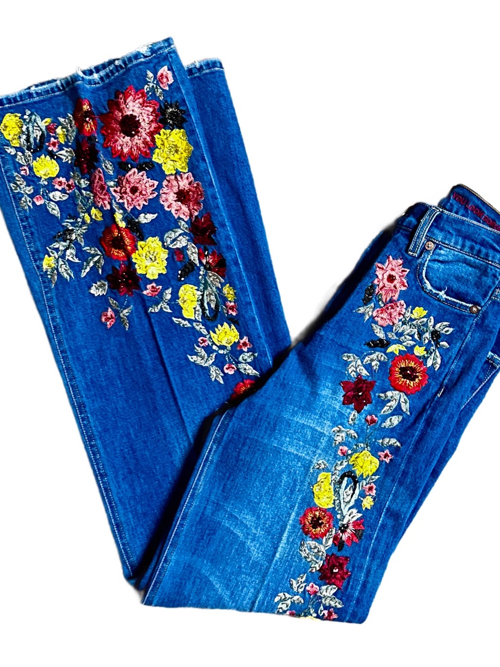 Alice + Olivia ~ Size 27 ~ Blue Denim W/ Multi-Colors Embroidery Floral Jeans - Picture 5 of 16